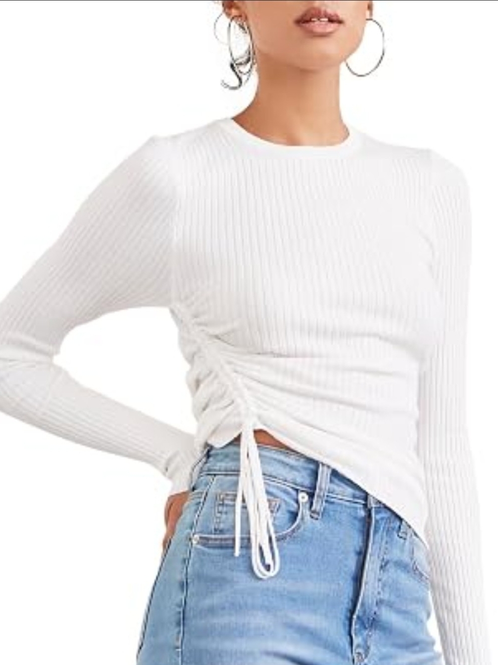 Forever 21 White Ribbed Side-Ruching Long Sleeve Top Size S